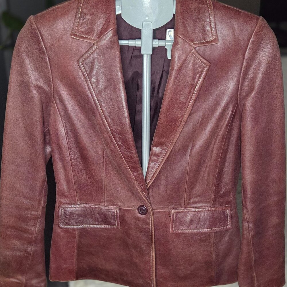 VINTAGE - INC International Concepts Brown Leather Jacket/Eggplant Liner